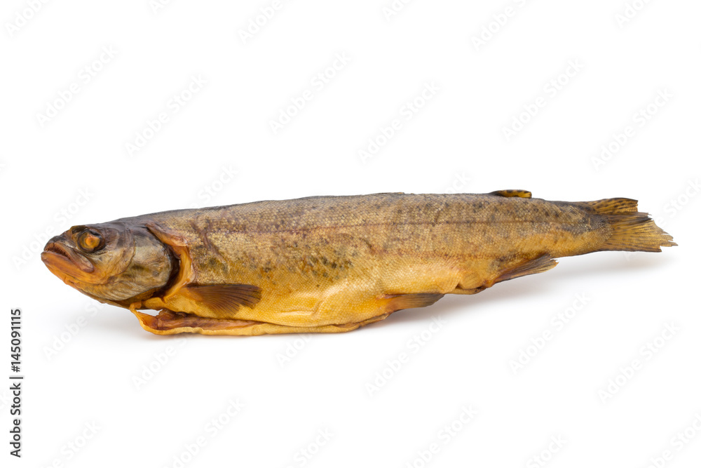 Smoked trout in front of a white background. Smoked trout in front of a white background.