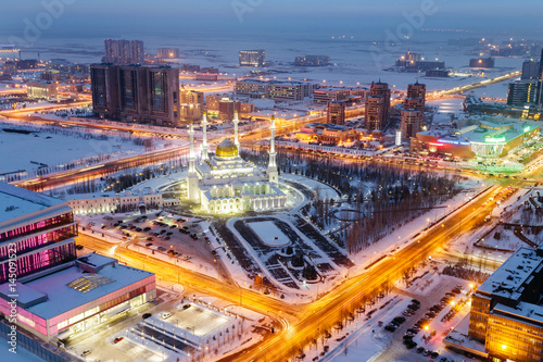 View from above on the evening mosque of Nur Astana in Astana, Kazakhstan.