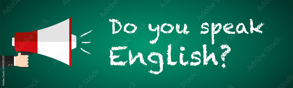 Sprechen Sie Englisch? Englisch lernen Sprachkurs online Megafon auf grüner Tafel - Flat Design Sprechen Sie Englisch? Englisch lernen Sprachkurs online Megafon auf grüner Tafel - Flat Design