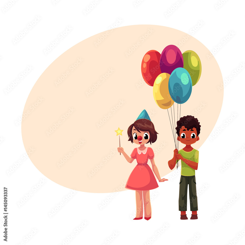 Black boy with bunch of balloons and caucasian girl in birthday cap, cartoon vector illustration with space for text. Two kids, boy and girl, holding birthday balloons and star stick