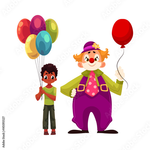 Black, African American boy holding balloons standing with funny clown, cartoon vector illustration isolated on white background.