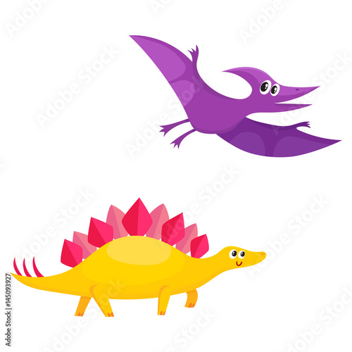 Two funny baby dinosaur characters - stegosaurus and pterodactyloidea  cartoon vector illustration isolated on white background. Happy smiling stegosaurus and pterodactyloidea dinosaur characters