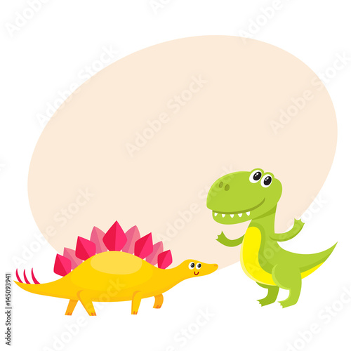 Two cute and funny baby dinosaur characters - stegosaurus and tyrannosaurus, cartoon vector illustration with space for text. Happy smiling stegosaurus and T-rex dinosaur characters
