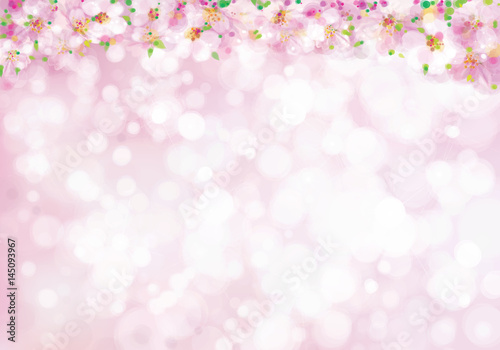 Vector blossoming branches of tree border, spring background, blurred effect.