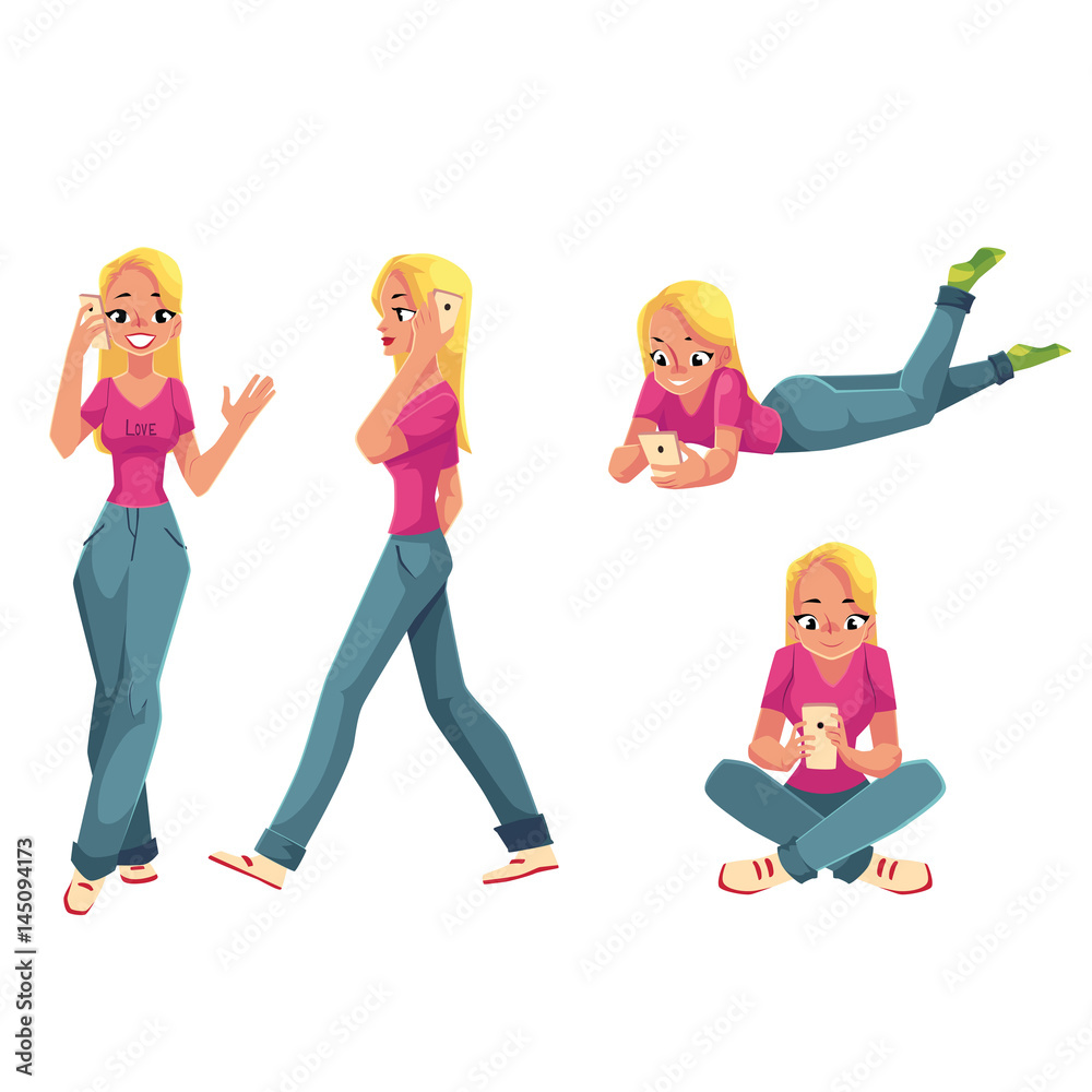 Vector illustration set of girl dressed in a pink dress with a different  emotions and poses on white background in flat cartoon style Stock Vector  Image & Art - Alamy