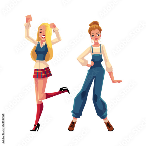 Two girls, women in 1990s, nineties style clothes dancing disco, cartoon vector illustration isolated on white background. Girls, women in 90s style clothing dancing at retro disco party