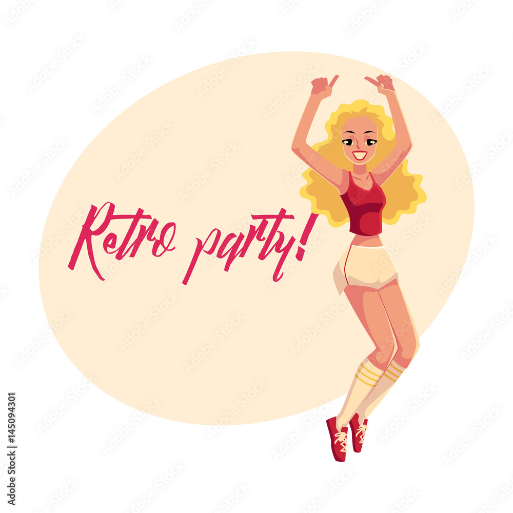 Retro disco party invitation, poster template with blond girl in 1980s style outfit, cartoon vector illustration. 80s style retro disco party invitation banner, poster layout with aerobics girl
