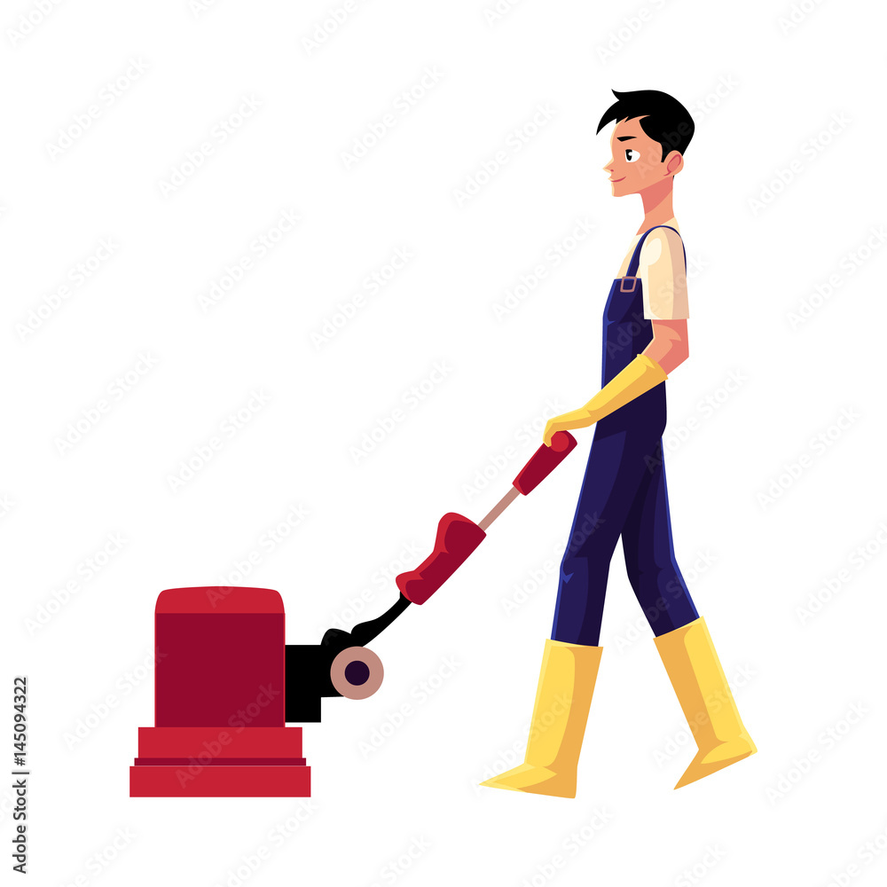 Cleaning service boy, man, cleaner in overalls using floor cleaning  machine, side view cartoon vector illustration isolated on white background.  Cleaning service boy with floor washing machine Stock Vector | Adobe Stock