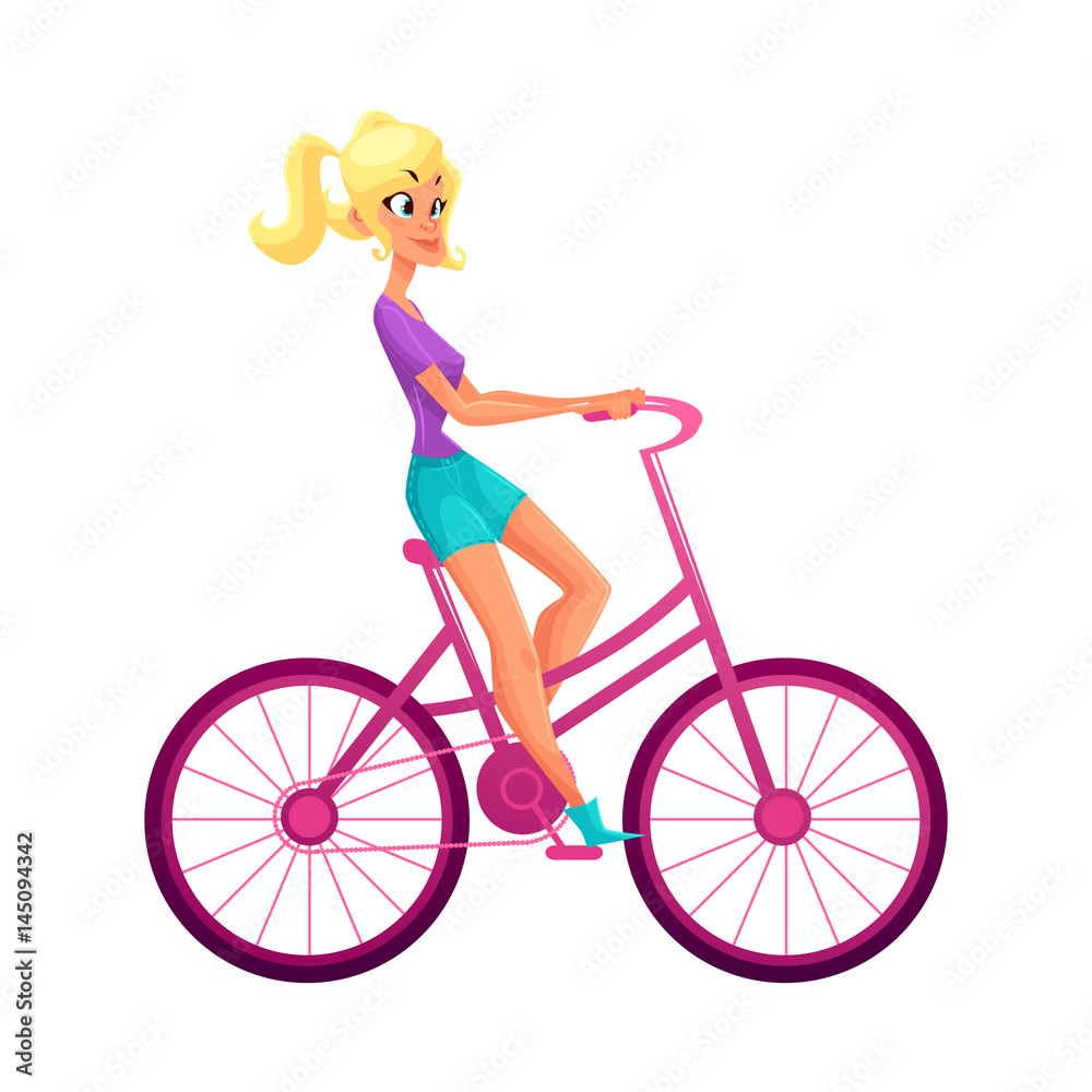 Young pretty blond woman, girl riding pink bicycle, cycling, cartoon vector illustration isolated on white background. Full length side view portrait of pretty blond woman riding pink bicycle, cycling