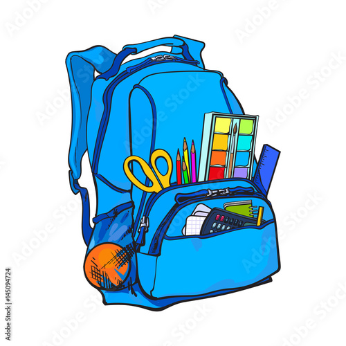 Backpack packed with school items, supplies, sketch vector illustration isolated on white background. School bag, backpack staffed with personal belongings, school items, stationery objects