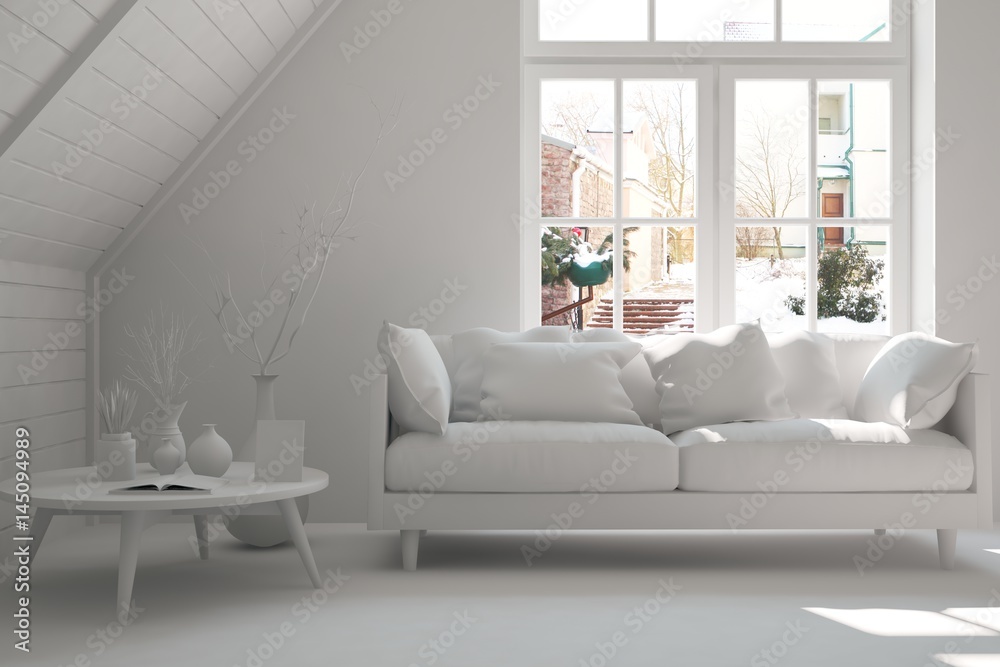 Fototapeta premium White room with sofa and winter landscape in window. Scandinavian interior design. 3D illustration