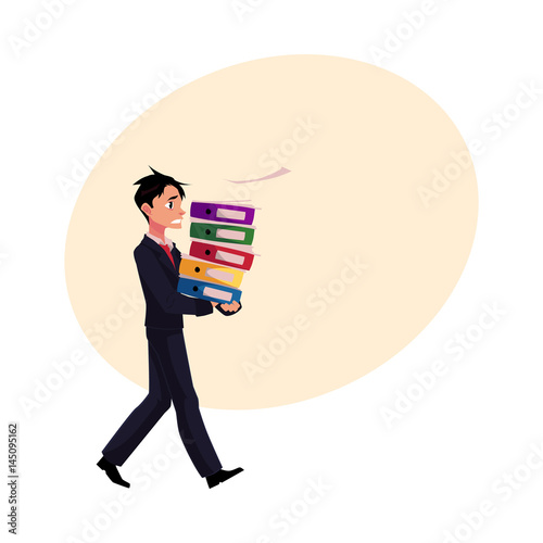 Young businessman overloaded with document folders, stressed out, in rush, cartoon vector illustration with space for text. Young messed up businessman with document folders, feeling stressed