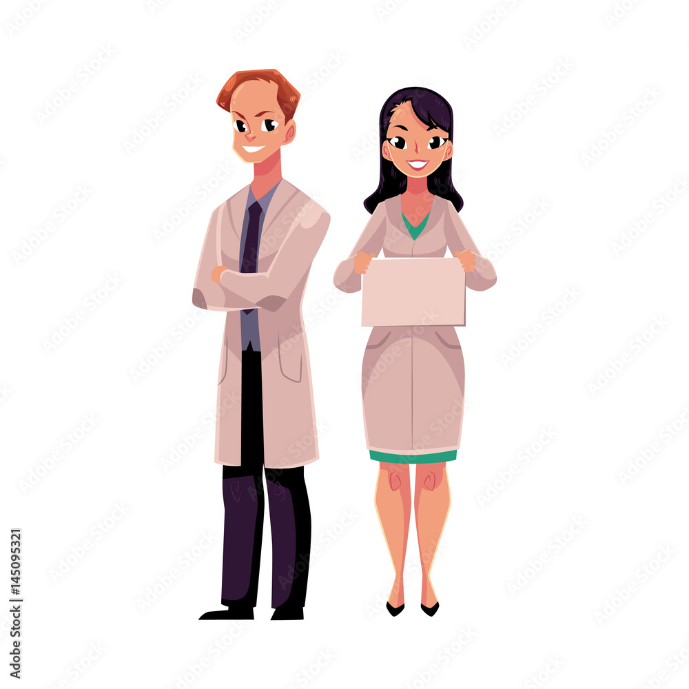 Male and female doctors in white medical coats, man with folded arms, woman holding blank sign, board, cartoon vector illustration isolated on white background. Full length portrait of two doctors Male and female doctors in white medical coats, man with folded arms, woman holding blank sign, board, cartoon vector illustration isolated on white background. Full length portrait of two doctors