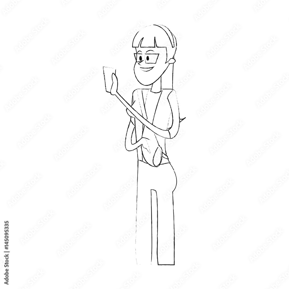 young woman with glasses holding cellphone  cartoon icon image vector illustration design 