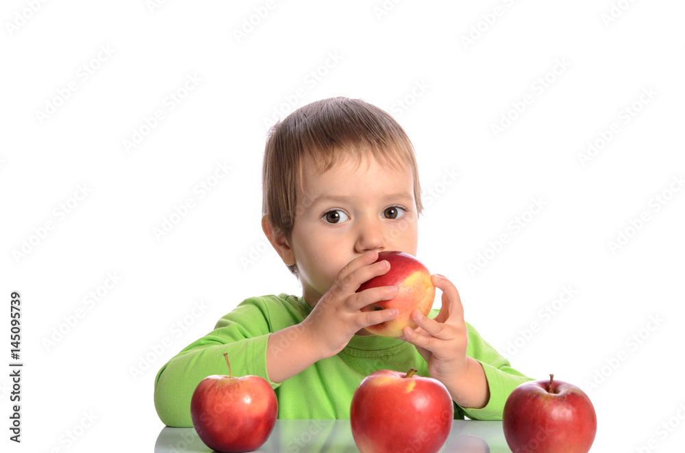 cute child with red apples isolated on white background cute child with red apples isolated on white background