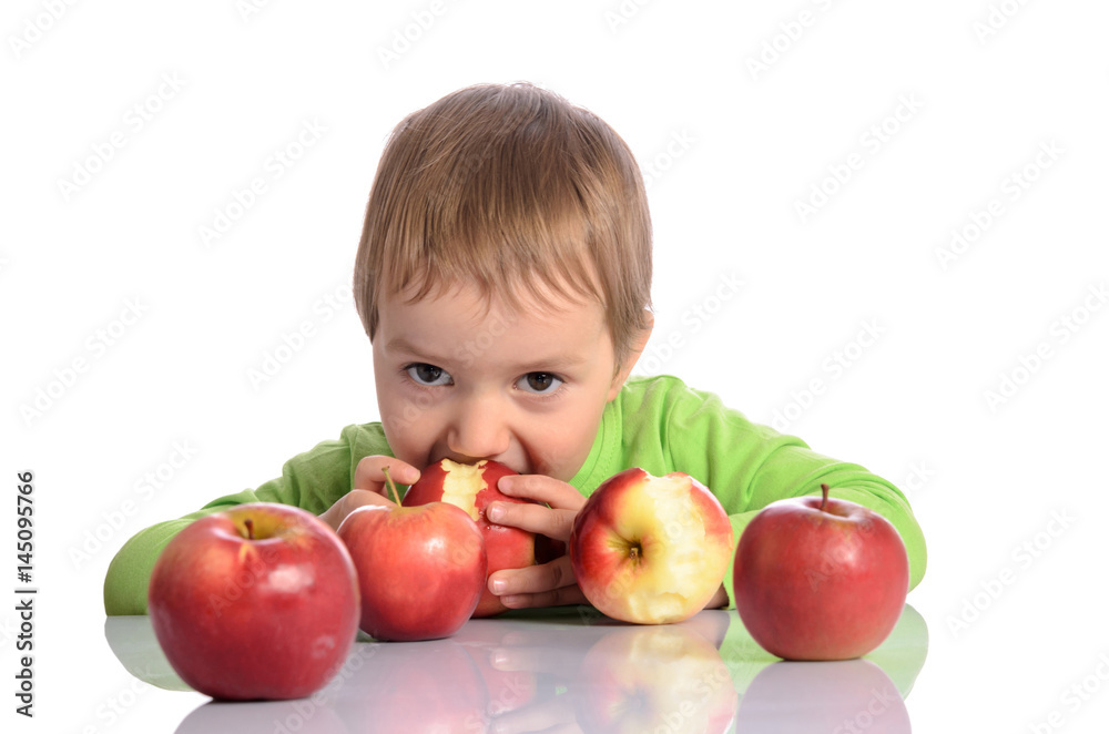 cute child with red apples isolated on white background cute child with red apples isolated on white background