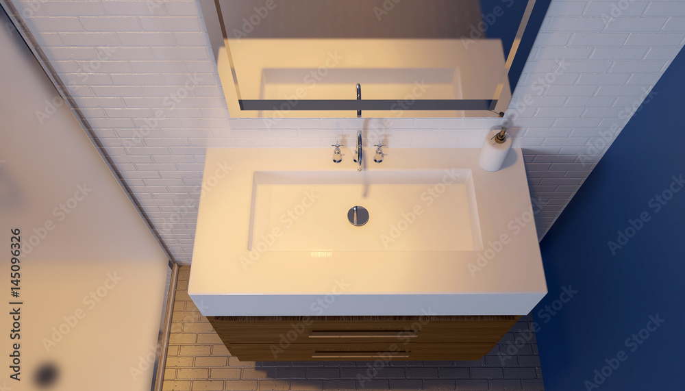 Modern bathroom interior with glass door shower. 3D rendering