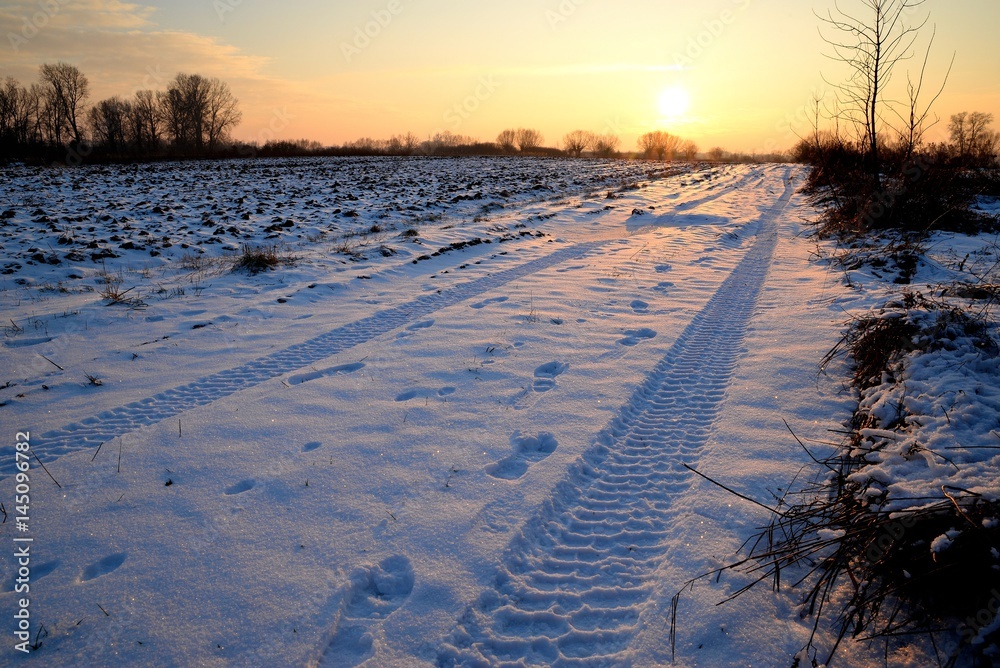 Winter wasteland with traces of tires on snow and sunset