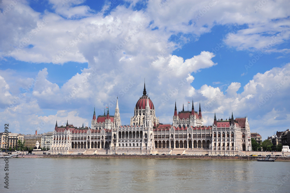 Parliament of Budapest with dramatic sky on background