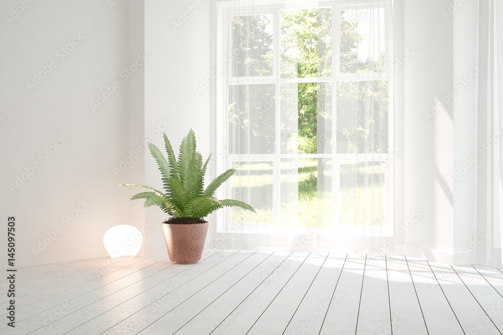 White empty room with green landscape in window. Scandinavian interior design. 3D illustration White empty room with green landscape in window. Scandinavian interior design. 3D illustration