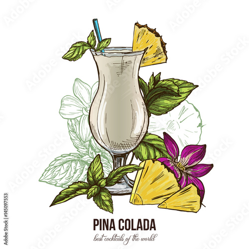 Pina colada cocktail, mint leaves and orchid flower