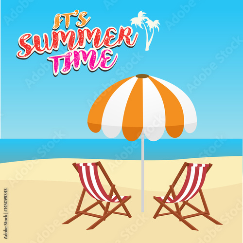 summer vacation, tourism, travel, holidays and people concept, deck chair and umbrella on beach