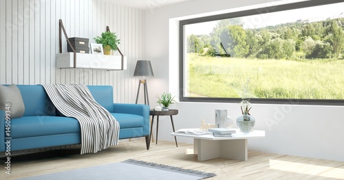 White room with sofa and green landscape in window. Scandinavian interior design. 3D illustration © AntonSh