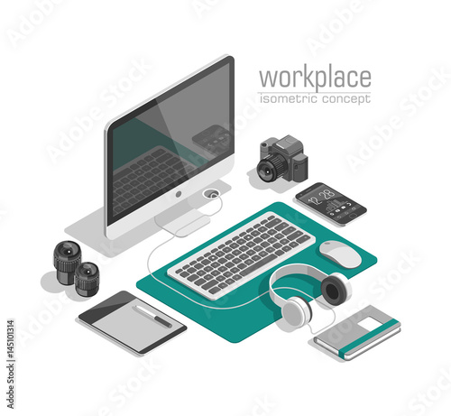 Flat isometric 3d technology designer workspace concept vector. Laptop, smart phone, camera, tablet, player, desktop computer, headphones, devices set.