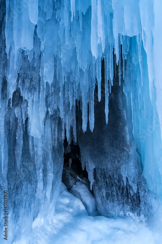 Blue frozen water at Baikal lake during winter