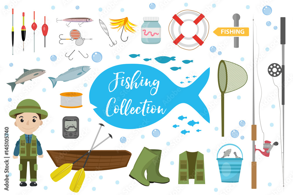 Fishing icon set, flat, cartoon style. Fishery collection objects, design  elements, isolated on white background. Fisherman s tools with a fishing rod,  tackle, bait, boat. Vector ilustration, clip-art Stock Vector