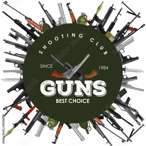 military gun set, automatic and hand weapon in magazine barrel with bullets for protection shoting or war collection, handgun for hunting equipment, ammunition background vector illustration