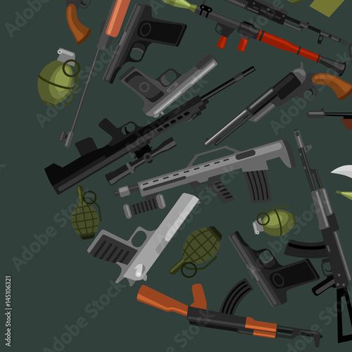 Wallpaper Mural military gun set, automatic and hand weapon in magazine barrel with bullets for protection shoting or war collection, handgun for hunting equipment, ammunition background vector illustration Torontodigital.ca