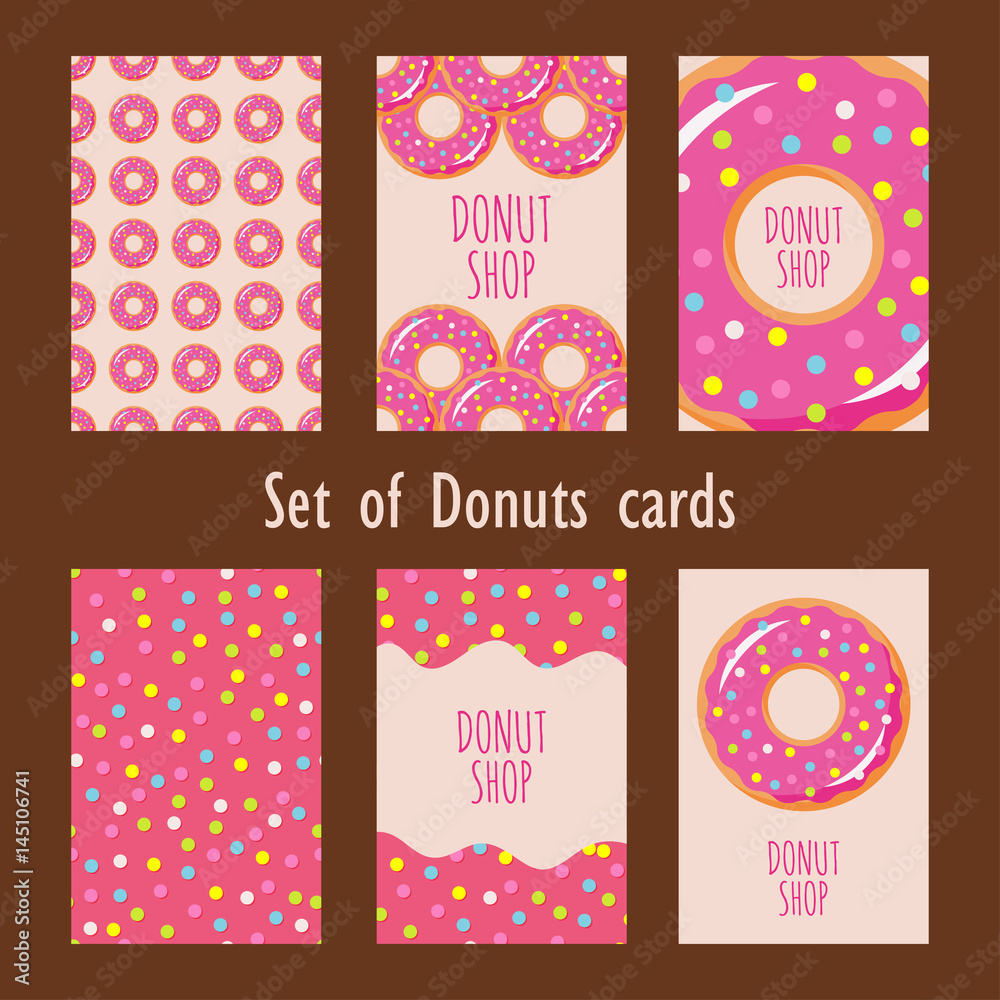 Set of donuts cards. Donuts seamless pattern, background, card, poster. Template for design.
Set of donuts cards. Donuts seamless pattern, background, card, poster. Template for design.