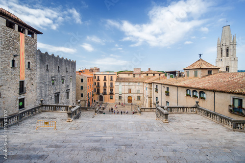 Cloudy view of Girona Cathedral in Catalonia, Girona, Catalonia, Spain.