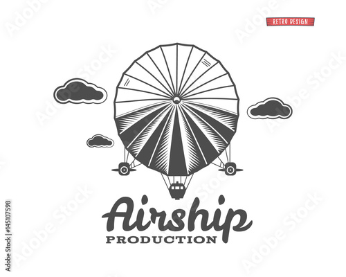 Vintage airship logo. Retro Dirigible balloon grunge  template. Badge vector design. Old sketching style. Use as , label, stamp for web  or tee , t-shirt print. Fly .Monochrome