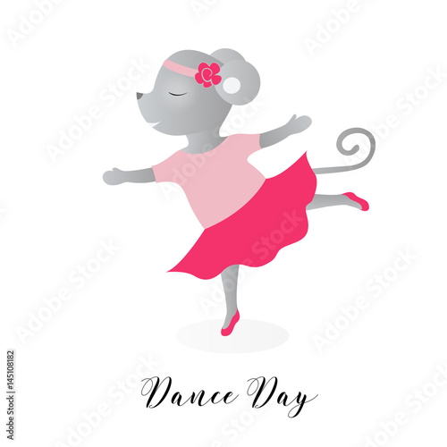 Day of dance. Vector illustration for a holiday. The mouse dances like a ballerina. Cute drawing.