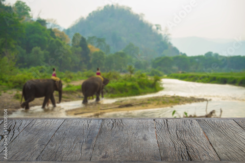 Selected focus empty wooden table and view of Elephant trekking through jungle blur background with bokeh image. for your photomontage or product display.