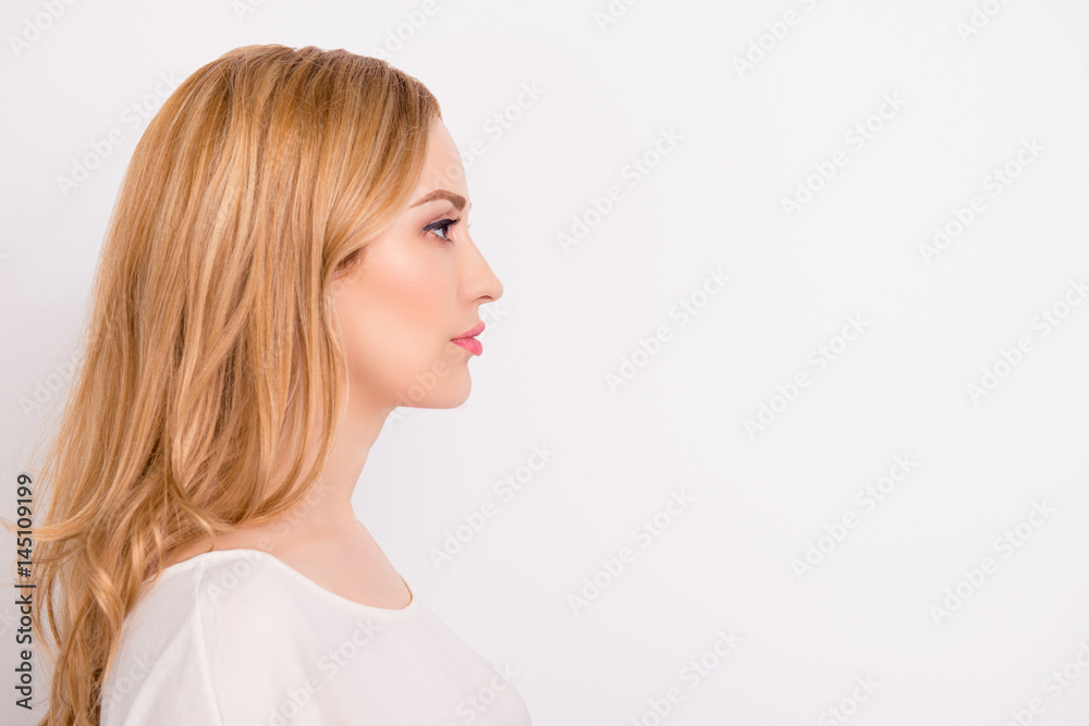 Side view photo of charming minded young woman dressed in formal clothing isolated on white background Side view photo of charming minded young woman dressed in formal clothing isolated on white background