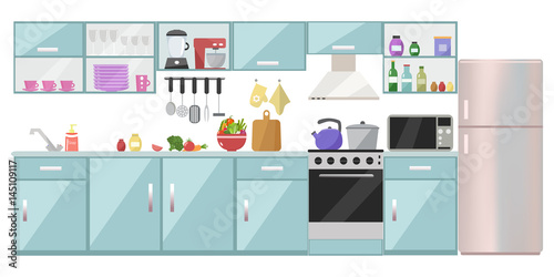 Kitchen interior with table, stove, cupboard, dishes, appliances and fridge. Flat design.