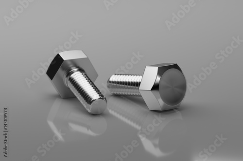 Hex Bolts on grey background. 3d Rendering