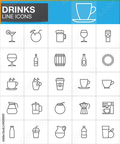 Drinks line icons set, outline vector symbol collection, linear style pictogram pack. Signs, logo illustration. Set includes icons as wineglass, coffee, tea cup, milk, cocktail, beer mug, fruit juice