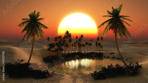 Oasis in the sandy desert at sunset  sunset in the desert above an oasis with palm trees  3d rendering  