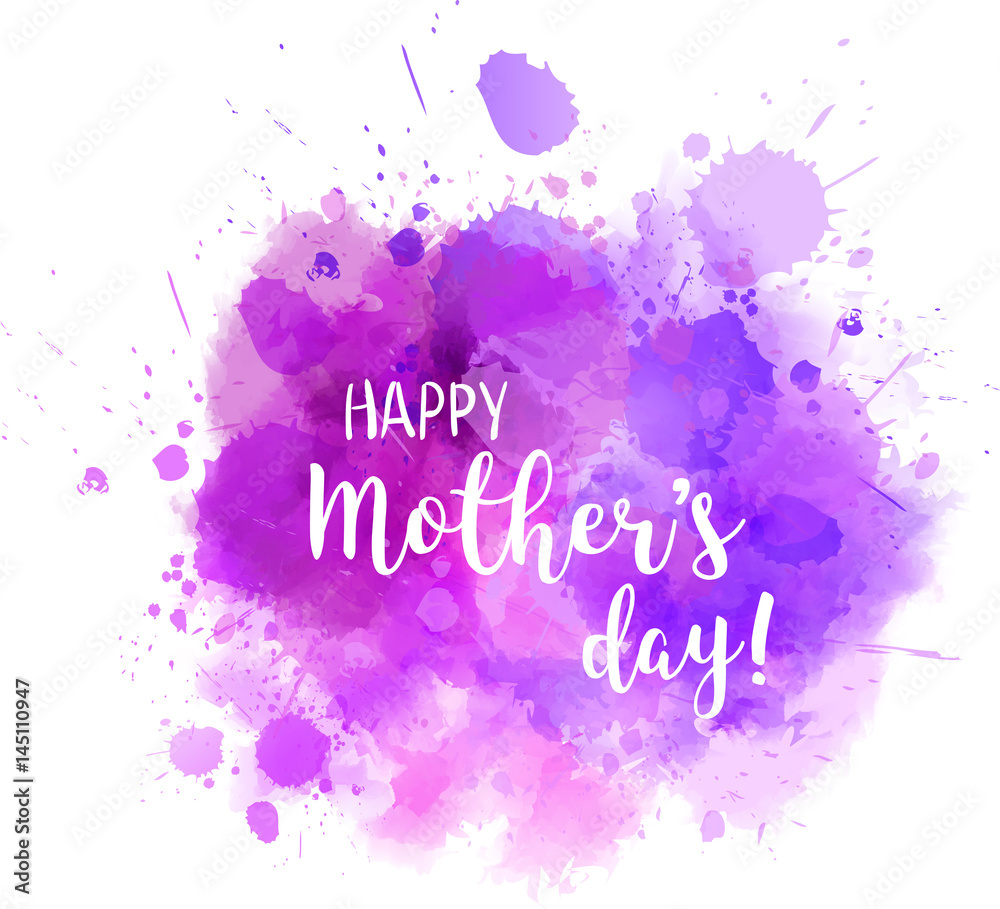 Obraz premium Streszczenie akwarela fioletowy zmaza z komunikatem kaligrafii „Happy Mother's day”.