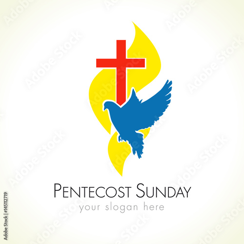 Holy Spirit Pentecost Sunday vector greetings. Fiery yellow gold colored flames, flying dove, red crucifix. Christian religious invite flyer. Trinity holiday celebrating and peace flaming symbol.