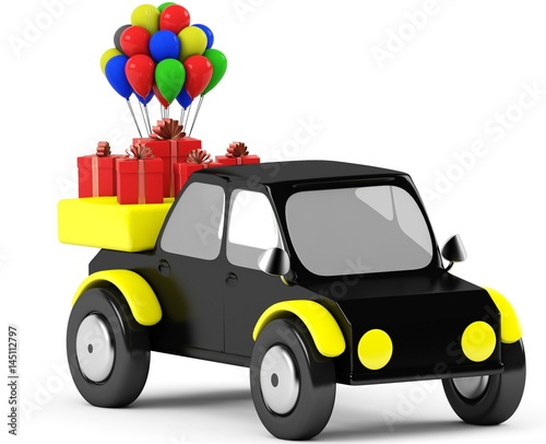 3D Gift with balls in a black car on a white background