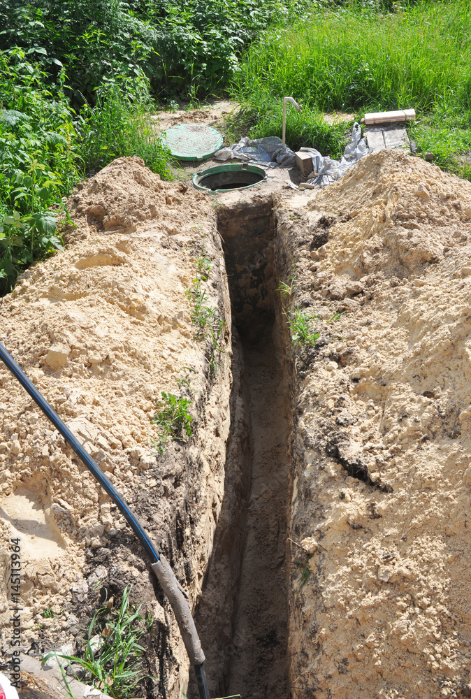Digging trench for water pipes during house construction. Trench for Water Supply Pipeline in the New House Construction. Digging trench for water pipes during house construction. Trench for Water Supply Pipeline in the New House Construction.
