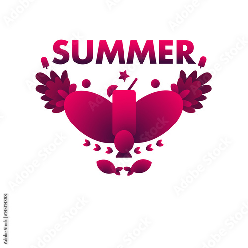 Summer time poster with symmetrical objects pineapple, fish, star, leaves background  