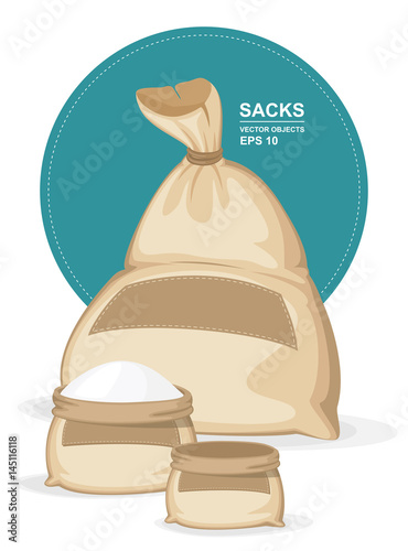 Vector illustration. Canvas sack. Big brown bagful with label on it. Full bag of flour or another products