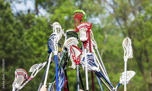 Принти на полотні Lacrosse sticks held up together in team spirit