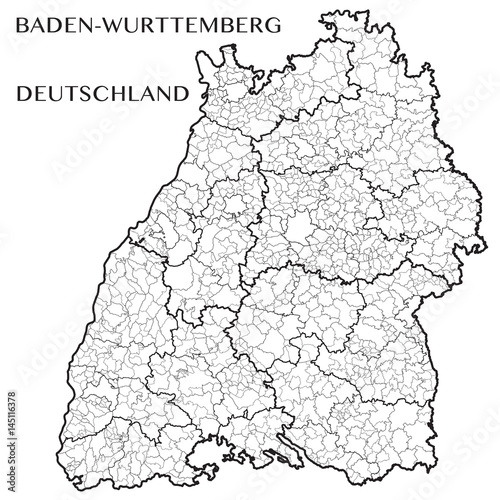 Detailed map of Baden-Wurttemberg (Germany) with separate municipalities, municipalities associations, subdistricts, districts, and state administrative layers. vector illustration